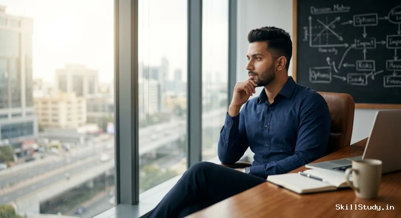 How to improve decision making skills for success, a professional thinking in office - SkillStudy.in